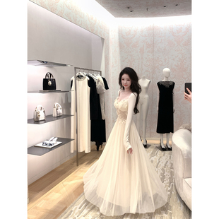 连衣长裙 秋冬重工优雅钉珠蕾丝拼接针织A字裙长袖 Sun雅乔 雪吻