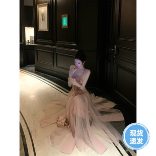 甜美少女粉色蝴蝶结网纱拼接吊带连衣裙 Sun雅乔 绽放 夏季 新款