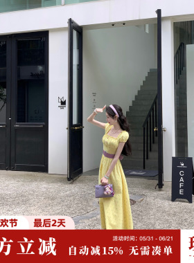 Sun雅乔【情系瓦妮达】黄色方领波点泡泡短袖连衣裙