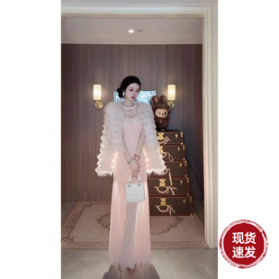 雪纺镂空蕾丝拼接大裙摆无袖 秋冬新款 连衣裙 粉玫蜜茶 Sun雅乔