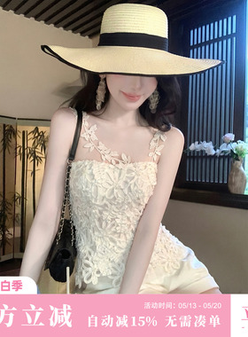 Sun雅乔【月见花影】夏季韩系甜美重工法式小众盘花绣网纱T上衣女
