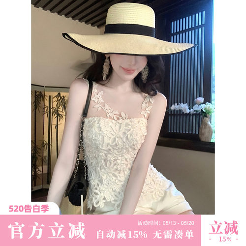 Sun雅乔【月见花影】夏季韩系甜美重工法式小众盘花绣网纱T上衣女