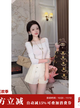 SYQIAO/雅乔 秋冬新款百搭钉珠钻双排扣羊毛小香短裤女气质休闲裤
