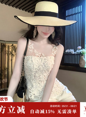 Sun雅乔【月见花影】夏季韩系甜美重工法式小众盘花绣网纱T上衣女
