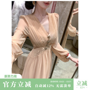 V领钉钻长袖 早秋轻奢重磅长短款 雪纺连衣裙子 柔雾絮语 Sun雅乔