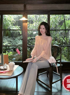 Sun雅乔【微露香肩】夏季长袖飘带烫钻挖肩灯笼袖宽松雪纺衫上衣