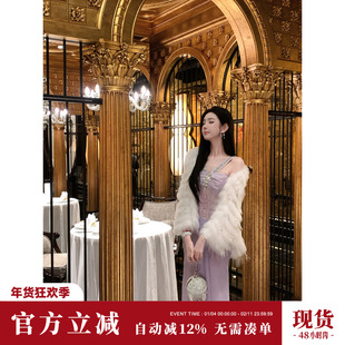 Sun雅乔【希腊神谕】秋冬新款设计感蕾丝珍珠雪纺礼服吊带连衣裙