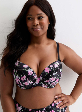 70E75BC80F90CDE95CE英NL黑色印花缎面薄绵低鸡心性感文胸大码