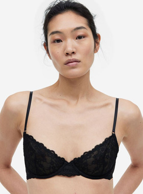 75BD瑞典H家黑色蕾丝深V性感小3/4罩杯超薄钢圈文胸