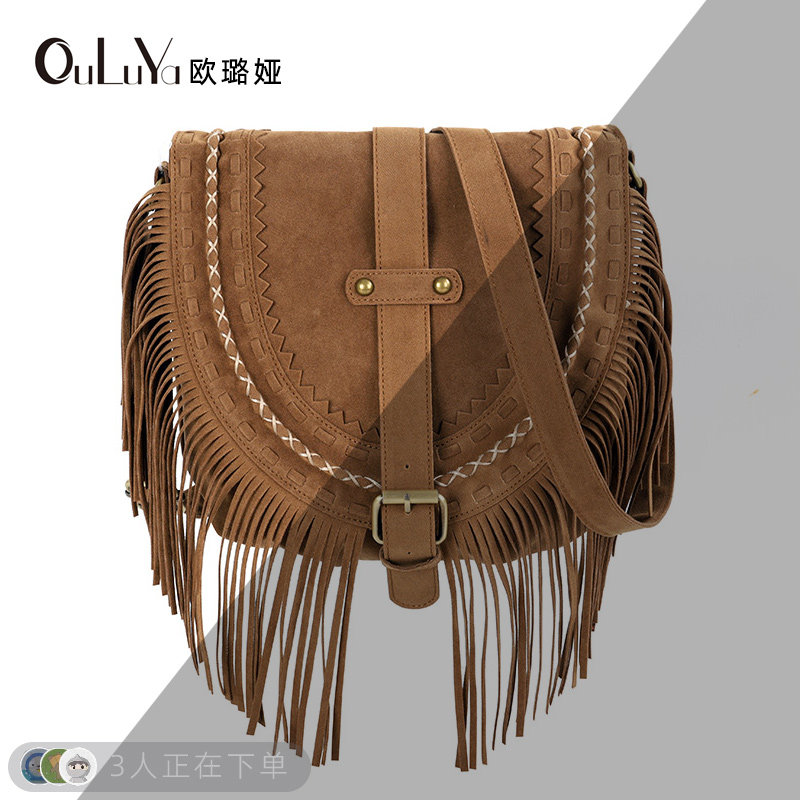 OULUYA仿麂皮复古民族风女包西施绒流苏包女士斜挎包潮流女款单肩