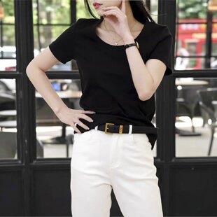 高级感 桑蚕丝漏锁骨U领双面丝光棉短袖t恤女士大圆领上衣