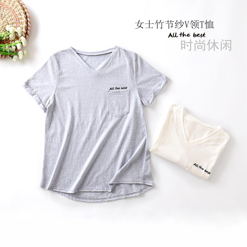 竹节纱V领宽松短袖T恤 女士夏装 胸前带口袋绣字母 无补货在类目 女装/女士精品, T恤中 - 来自Buy2taobao.com提供专业的淘宝代购服务