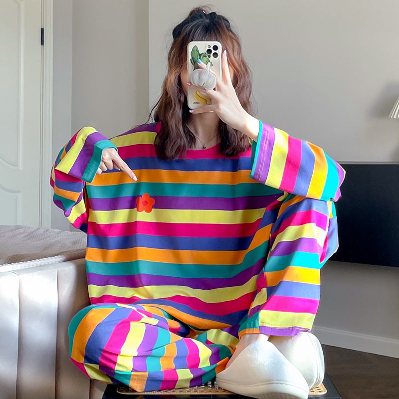 秋季睡衣女纯棉条纹休闲可外穿