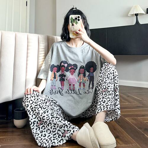 韩版卡通豹纹睡衣女纯棉夏季可爱