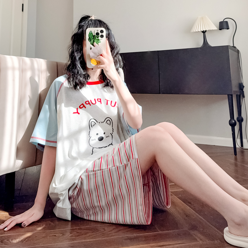 卡通条纹睡衣女夏纯棉短袖短裤套装日系可外穿运动时尚家居服薄款