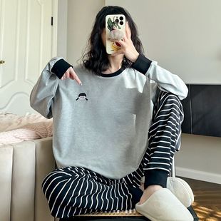 可外穿家居服套装 小女孩睡衣女春季 简约条纹束脚长裤 新款 纯棉长袖