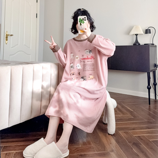卡通条纹睡裙女纯棉春秋长袖韩系可爱大码宽松休闲孕妇可外穿睡衣