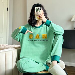 2023年春季新款睡衣女纯棉长袖套装笑脸可外穿长款休闲套头家居服