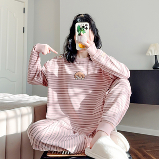 磨毛高级感刺绣睡衣女款纯棉德绒新款可外穿条纹束脚裤家居服春秋