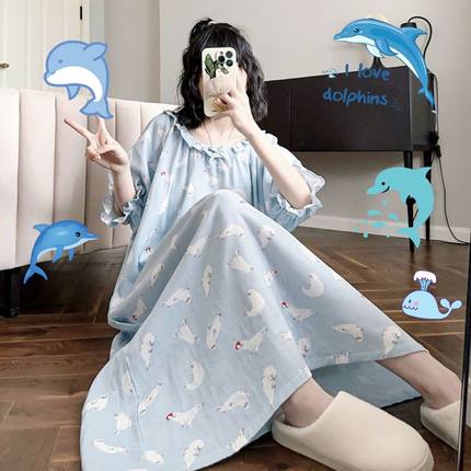 小海豹娃娃领夏季睡裙女纯棉纱布可爱甜美薄款凉感孕妇长裙家居服