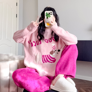 多巴胺秋冬睡衣女珊瑚绒日系可爱保暖半边绒家居服加绒加厚可外穿