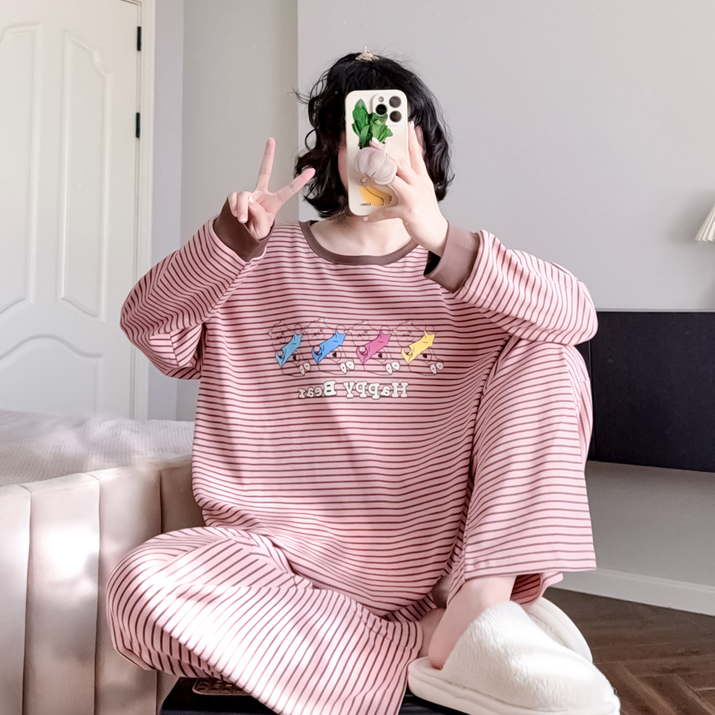 小熊条纹睡衣女纯棉春秋季长袖长裤套装可爱宽松休闲可外穿家居服,女士内衣/男士内衣/家居服,睡衣/家居服套装,淘宝优惠券,粉丝福利购,淘宝优惠卷