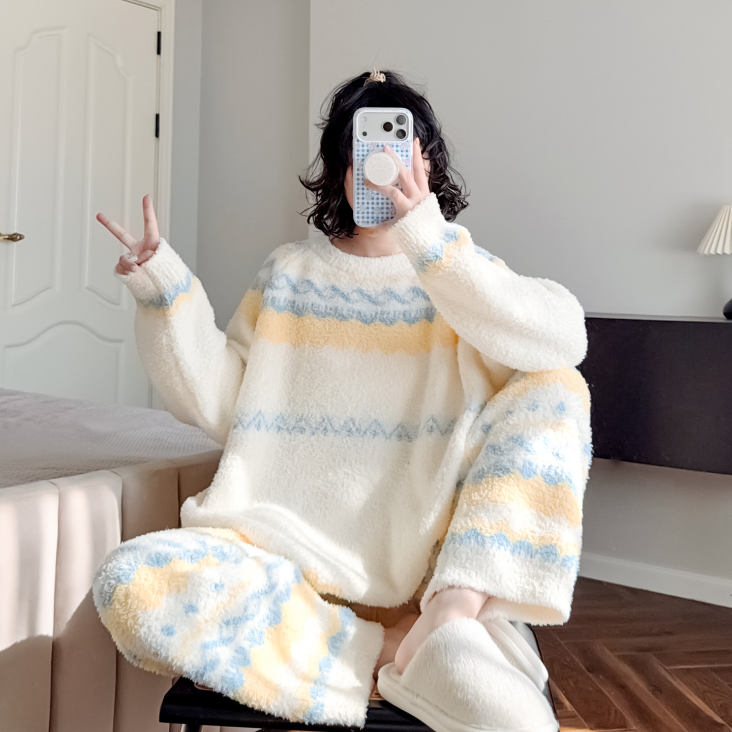 秋冬学院风睡衣加厚半边绒家居服