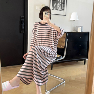 条纹小狗睡裙女夏莱赛尔中袖简约加长款睡衣可外穿宽松家居服长裙