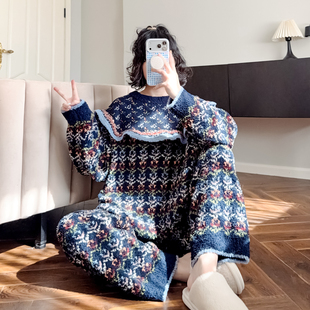 甜美花边秋冬季睡衣女毛绒加厚半边绒日系新款可外穿珊瑚绒家居服
