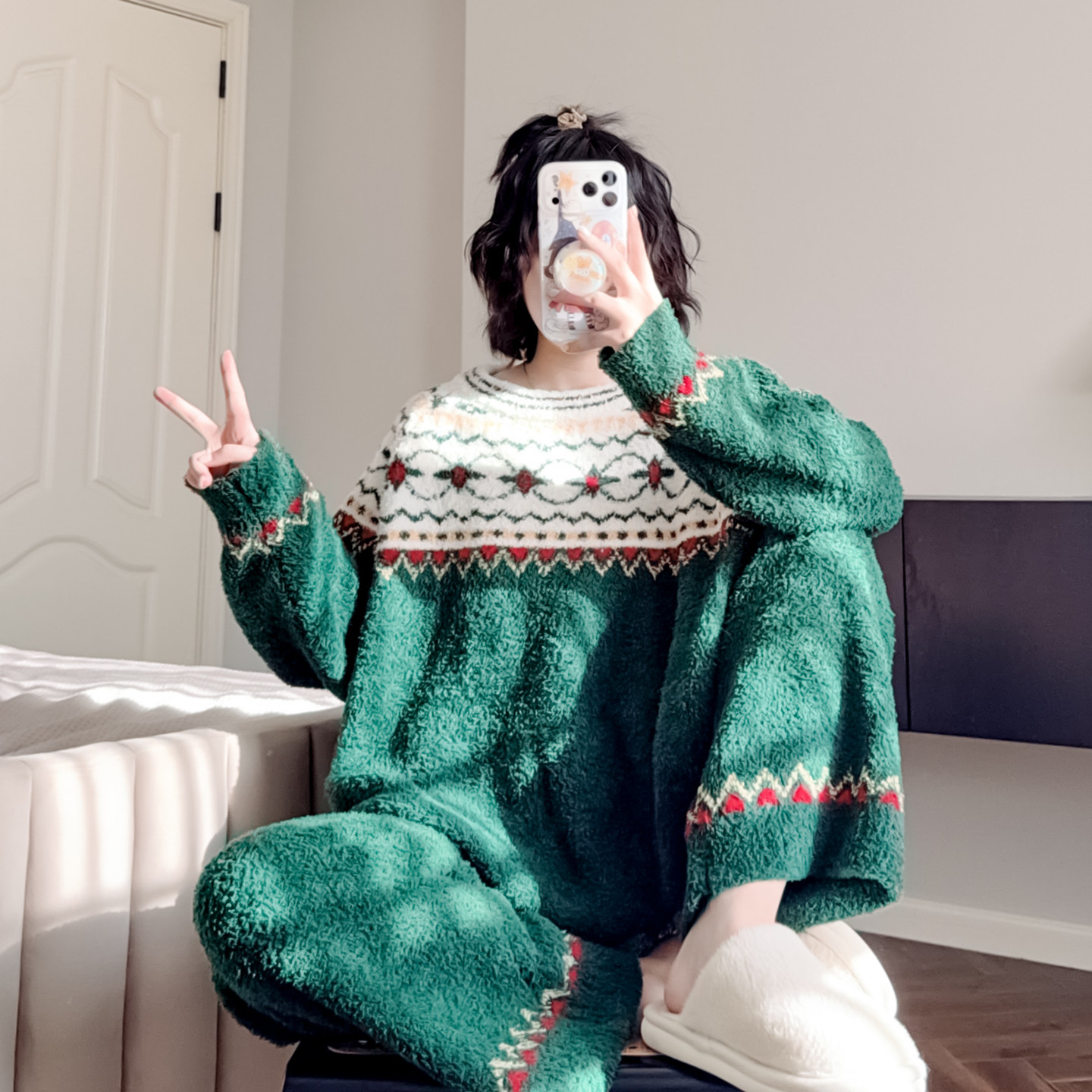 费尔岛毛衣睡衣女长袖秋冬季保暖加厚半边绒家居服可外穿软绵绵春