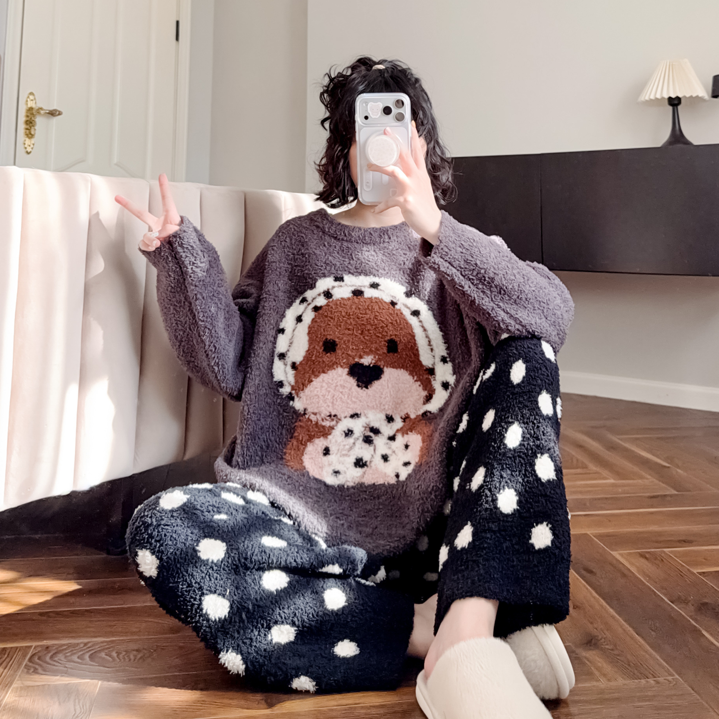 日系软绵绵睡衣秋冬半边绒家居服