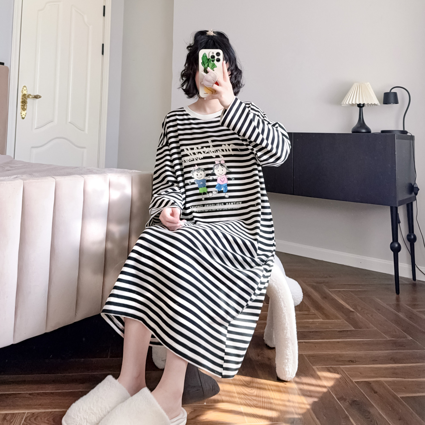 卡通条纹睡裙女纯棉春秋长袖韩系可爱大码宽松休闲学生可外穿睡衣