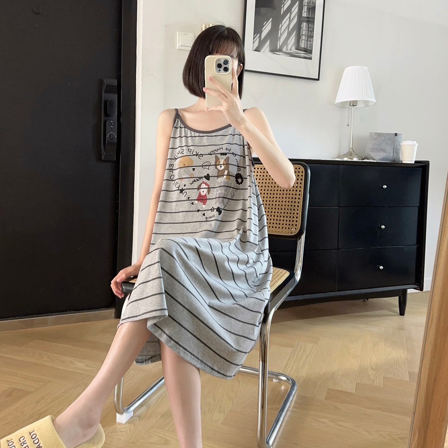 可爱条纹吊带睡裙少女款纯棉夏款凉爽新款卡通短美薄款睡衣家居服