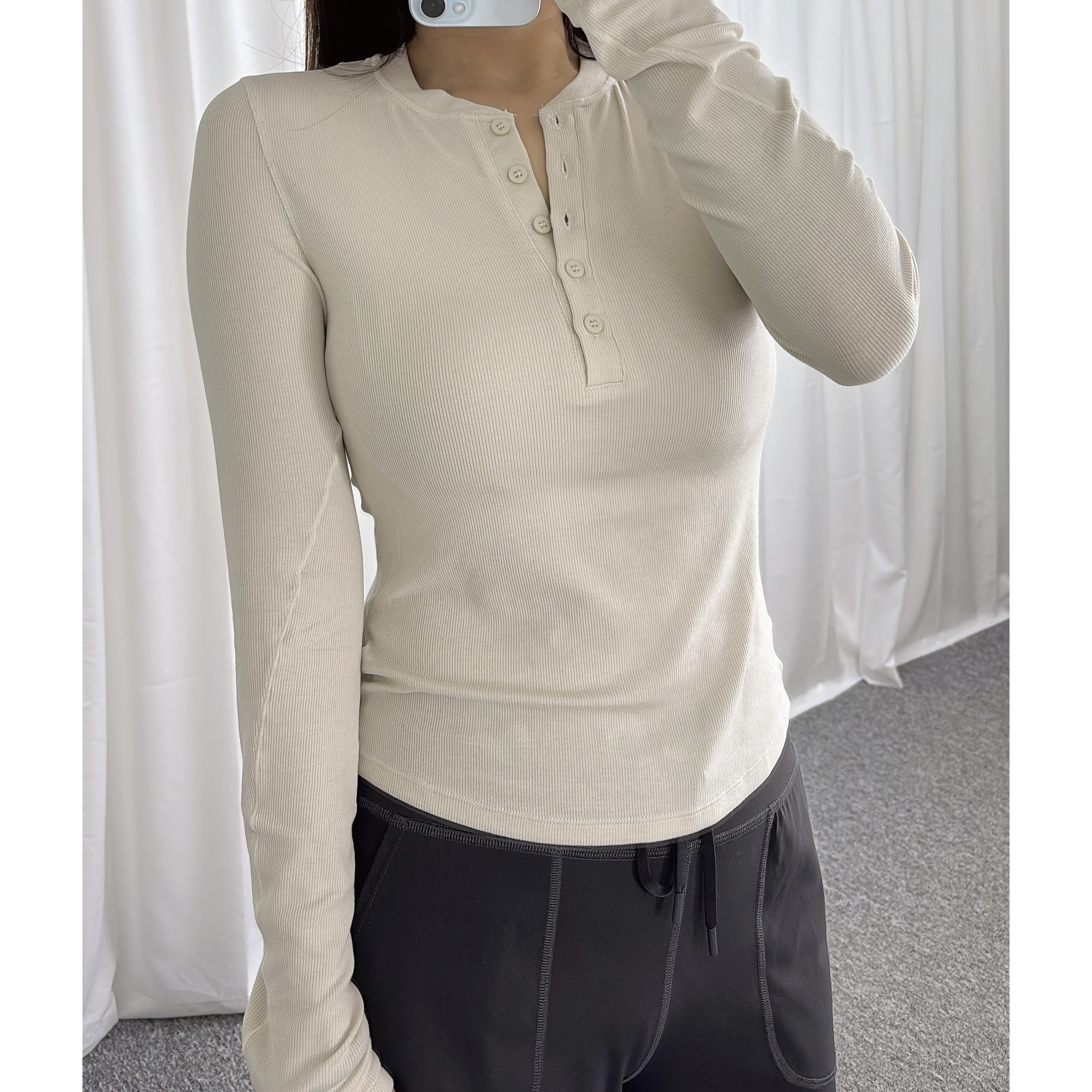 BreathSun阳光气息螺纹弹力短袖T恤修身显瘦女打底长袖纽扣亨利衫