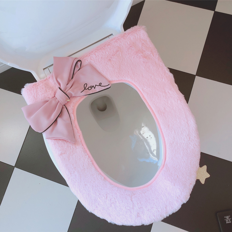 甜美可爱温暖毛绒绒马桶垫 字母刺绣蝴蝶结椭圆形马桶座圈 3色选