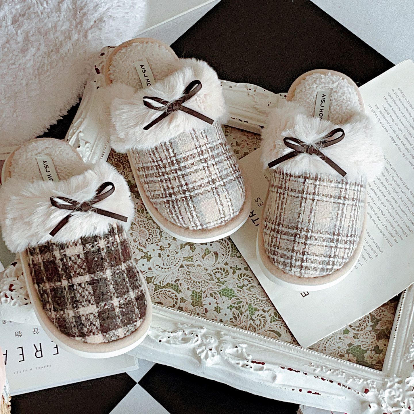 英式千金格纹系蝴蝶结毛毛拖鞋女秋冬季保暖厚底防滑居家用棉拖男,居家布艺,居家棉拖/棉鞋,淘宝优惠券,粉丝福利购,淘宝优惠卷