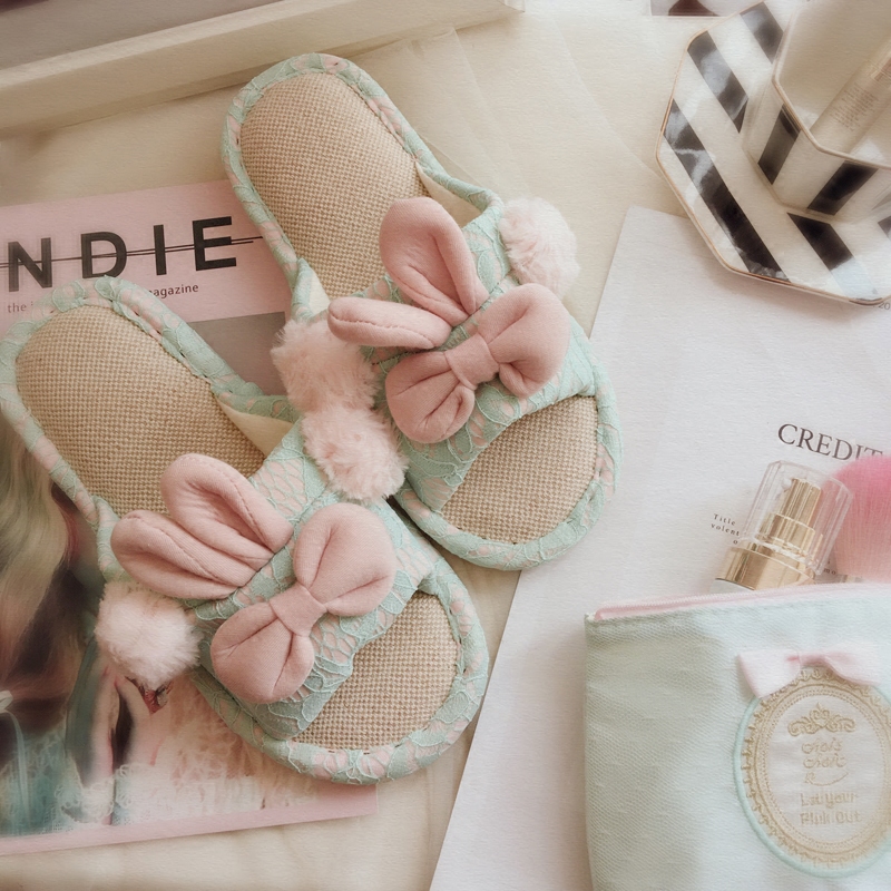 新品 甜美蕾丝兔耳朵蝴蝶结亚麻开口家居拖鞋 室内防滑女士居家鞋