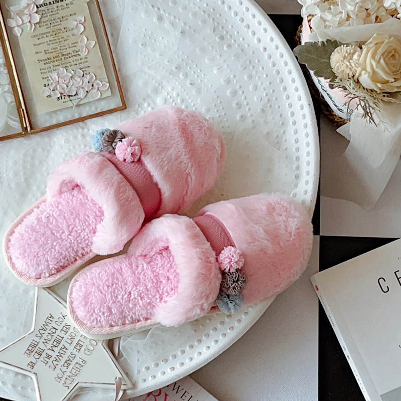韩式花球球室内防滑居家棉拖鞋女
