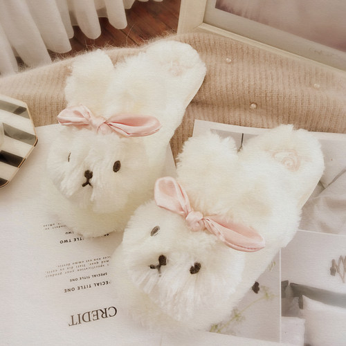 毛绒绒缎面兔子家居拖鞋新品