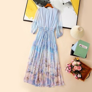 法式小清新印花纯真丝连衣裙2026春夏浪漫桑蚕丝度假长裙仙女裙子