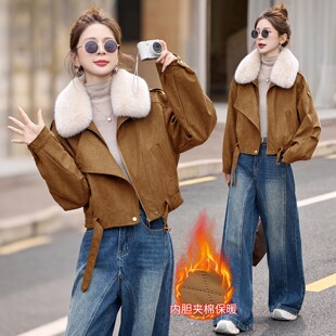 可拆卸毛领棉服鹿皮绒夹棉加厚夹克外套女2026冬宽松短款时尚棉衣
