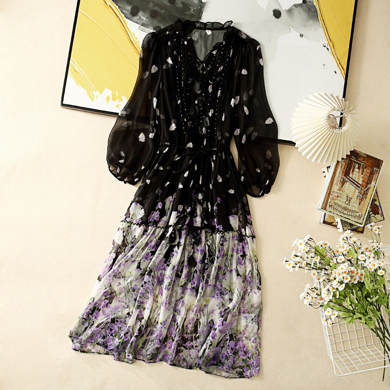 法式仙气薰衣草印花真丝连衣裙2026春夏飘逸落花100%桑蚕丝长裙子