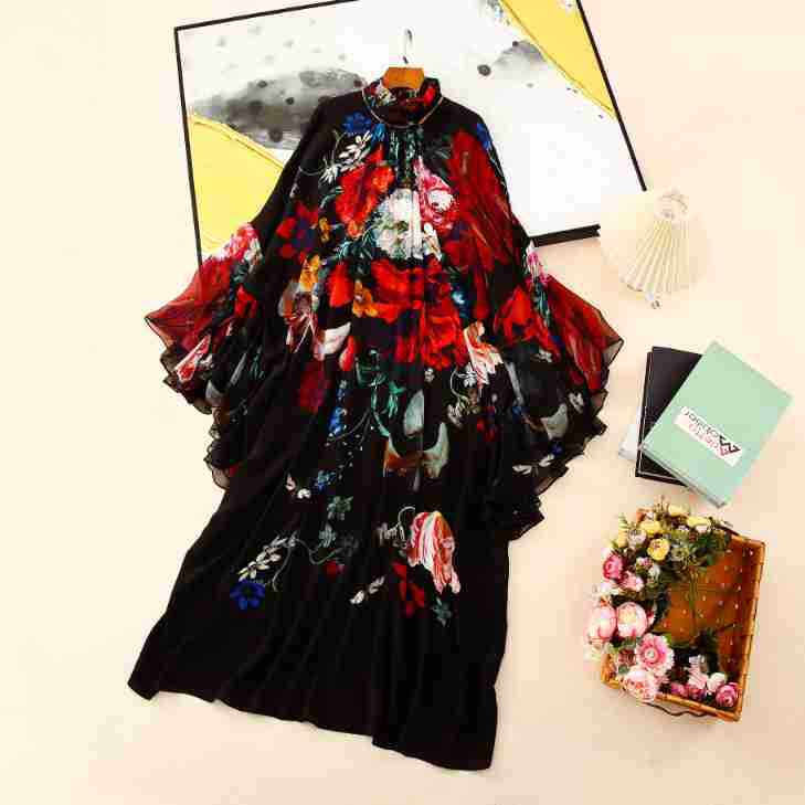 轻熟风烫钻大花荷叶边蝙蝠真丝连衣裙2026春夏沙滩度假桑蚕丝长裙