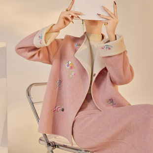 新中式 女2025冬国风大衣 刺绣花两面穿双面羊毛呢外套直筒半裙套装