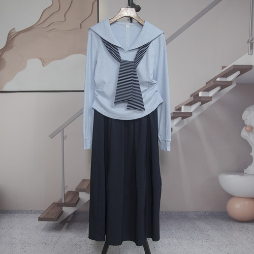 海军领长袖T恤半身裙套装学院风