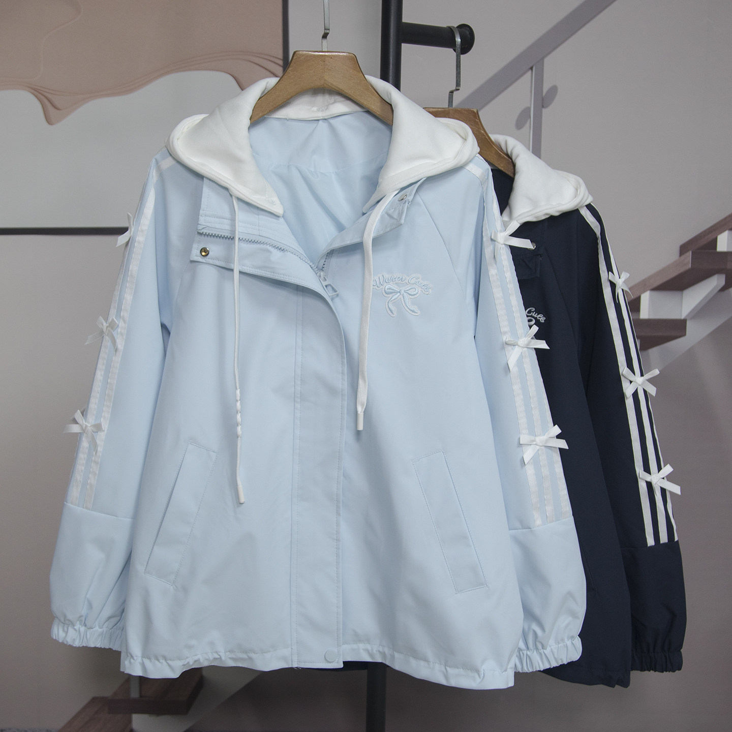 时尚休闲连帽外套女2026春季新款宽松显瘦遮肉蝴蝶结上衣潮13739