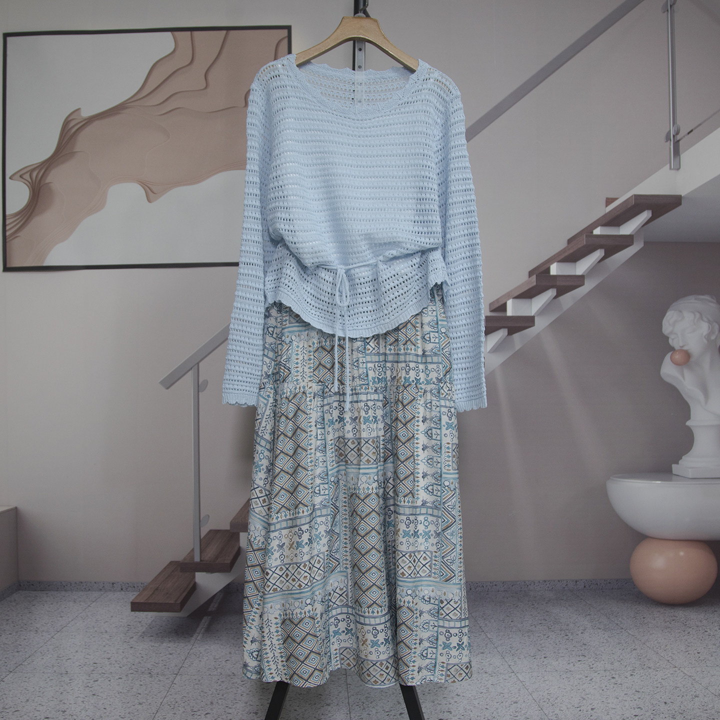 波西米亚风镂空针织衫吊带半身裙三件套女2026春夏新款套装仙7639