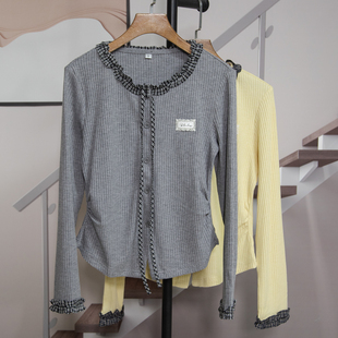 收腰显瘦坑条打底衫 新款 上衣潮203 T恤女2026春季 设计感木耳边长袖