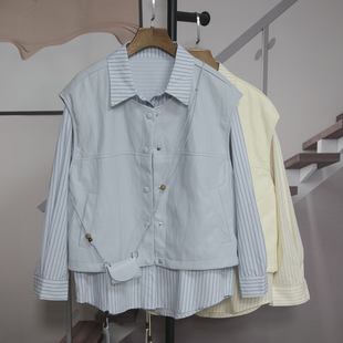 新款 PU皮马甲两件套女2026春季 百搭洋气潮5935 宽松竖条纹衬衫 时尚