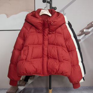 小个子韩版 新款 宽松外套潮6252 红色连帽鸭绒羽绒服女2025冬季 时尚